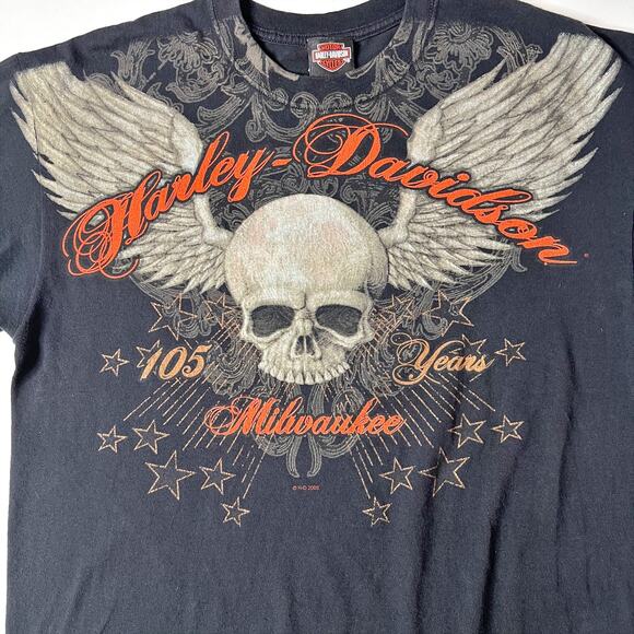 VTG Harley Davidson 105th Anniversary Skull-Wing T-Shirt 2008 Y2K Tee sz XL - Picture 3 of 10